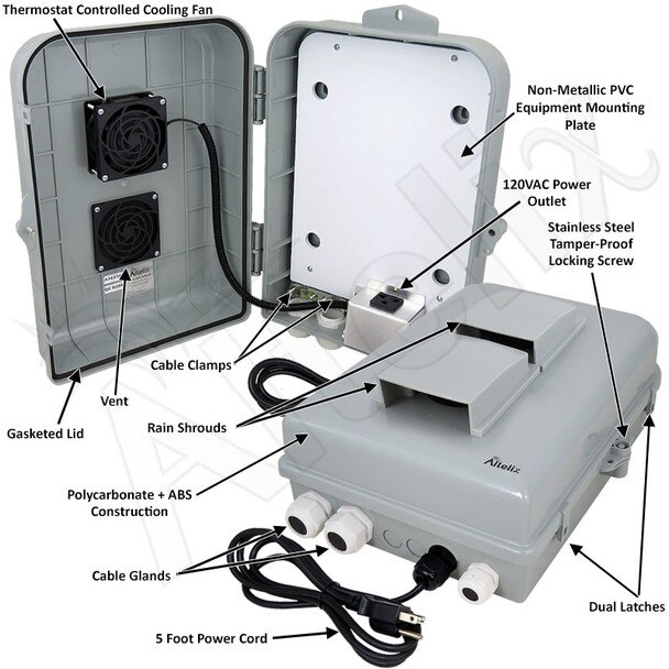 Altelix 15x10x5 PCABS Vented Indoor Outdoor RF Transparent Enclosure with PVC Non-Metallic Equipment Mounting Plate Cooling Fan 120 VAC Outlet Power Cord