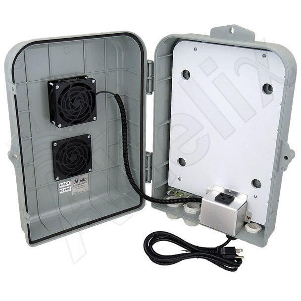 Altelix 15x10x5 PCABS Vented Indoor Outdoor RF Transparent Enclosure with PVC Non-Metallic Equipment Mounting Plate Cooling Fan 120 VAC Outlet Power Cord