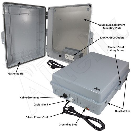 Altelix 17x14x6 Polycarbonate ABS Weatherproof NEMA Enclosure with Aluminum Mounting Plate 120 VAC GFCI Outlets Power Cord