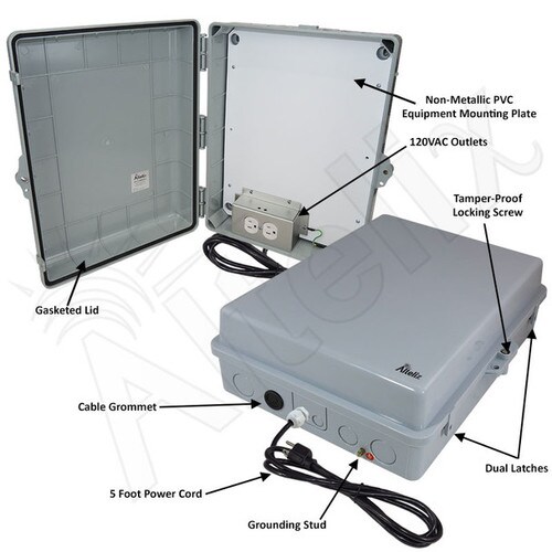 Altelix Copper Mountain 17x14x6 Polycarbonate ABS Indoor Outdoor RF Transparent Enclosure with PVC Non-Metallic Equipment Mounting Plate 120 VAC Outlets Power Cord