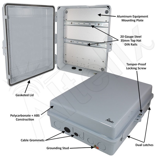 Altelix 17x14x6 PC ABS Weatherproof DIN Rail NEMA Enclosure with Hinged Door