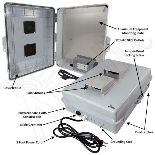 Altelix 17x14x6 Polycarbonate ABS Vented Weatherproof NEMA Enclosure with Aluminum Mounting Plate 120 VAC GFCI Outlets Power Cord