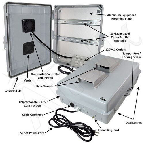 Altelix 17x14x6 Vented DIN Rail Polycarbonate ABS Weatherproof NEMA Enclosure with Cooling Fan 120 VAC Outlets Power Cord