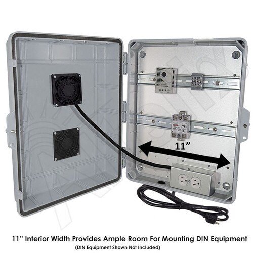 Altelix 17x14x6 Vented DIN Rail Polycarbonate ABS Weatherproof NEMA Enclosure with Cooling Fan 120 VAC Outlets Power Cord