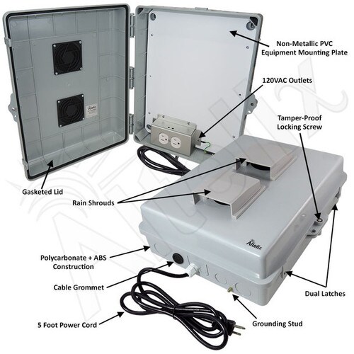 Altelix 17x14x6 Polycarbonate ABS Vented Indoor Outdoor RF Transparent Enclosure with PVC Non-Metallic Equipment Mounting Plate 120 VAC Outlets Power Cord