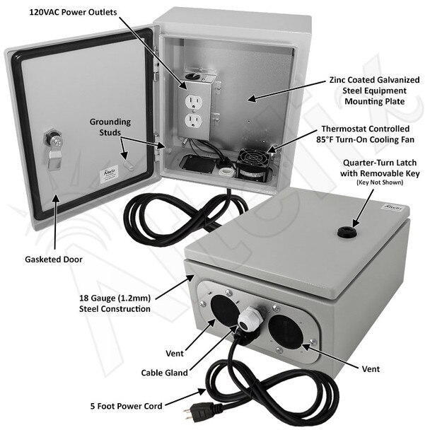 Altelix 12x10x6 Steel Weatherproof NEMA Enclosure with 120 VAC Outlets Power Cord 85F Turn-On Cooling Fan
