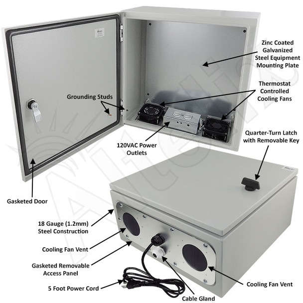 Altelix 16x16x8 Steel Weatherproof NEMA Enclosure with Dual Cooling Fans 120 VAC Outlets and Power Cord
