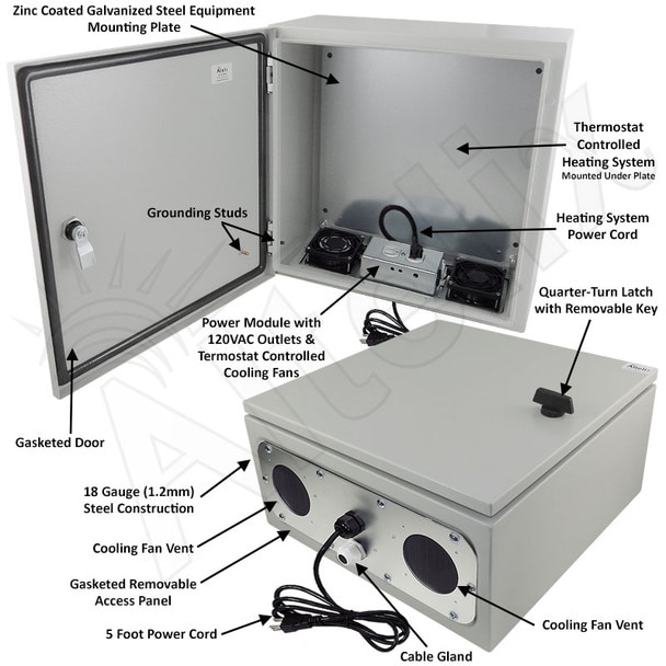 Altelix 16x16x8 Steel Heated Weatherproof NEMA Enclosure with Dual Cooling Fans 200W Heater 120 VAC Outlets and Power Cord