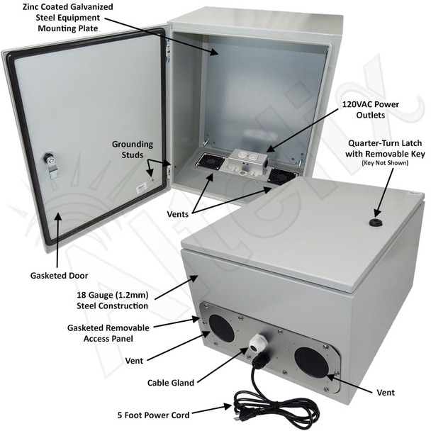 Altelix 20x16x12 Vented Steel Weatherproof NEMA Enclosure with 120 VAC Outlets and Power Cord