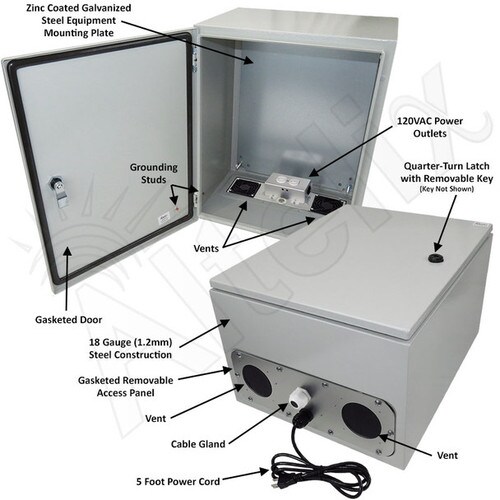 Altelix 20x16x12 Vented Steel Weatherproof NEMA Enclosure with 120 VAC Outlets and Power Cord