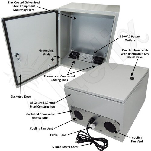 Altelix 20x16x12 Steel Weatherproof NEMA Enclosure with Dual Cooling Fans 120 VAC Outlets and Power Cord