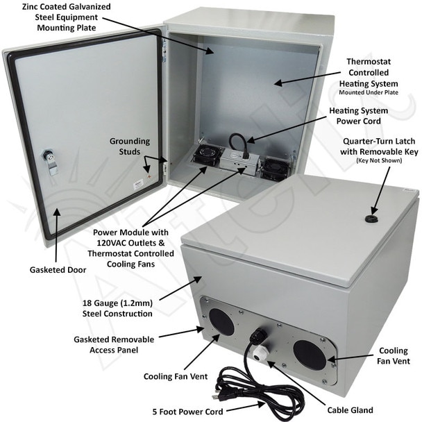Altelix 20x16x12 Steel Heated Weatherproof NEMA Enclosure with Dual Cooling Fans 200W Heater 120 VAC Outlets and Power Cord