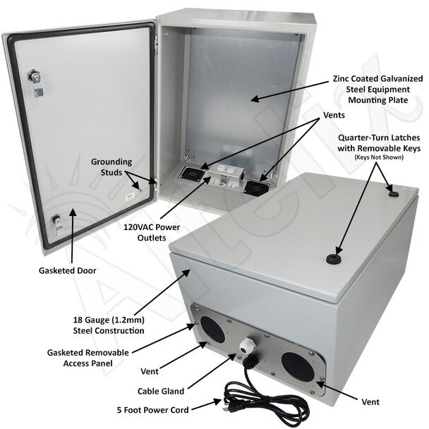 Altelix 24x16x12 Vented Steel Weatherproof NEMA Enclosure with 120 VAC Outlets and Power Cord