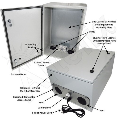 Altelix 24x16x12 Vented Steel Weatherproof NEMA Enclosure with 120 VAC Outlets and Power Cord