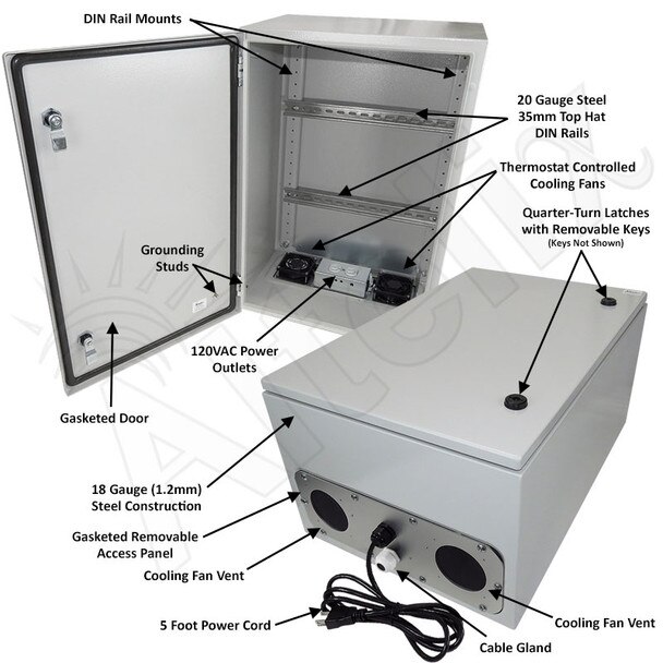 Altelix 24x16x12 Industrial DIN Rail Steel Weatherproof NEMA Enclosure with Dual Cooling Fans 120 VAC Outlets and Power Cord