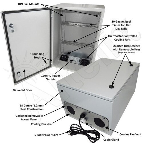 Altelix 24x16x12 Industrial DIN Rail Steel Weatherproof NEMA Enclosure with Dual Cooling Fans 120 VAC Outlets and Power Cord