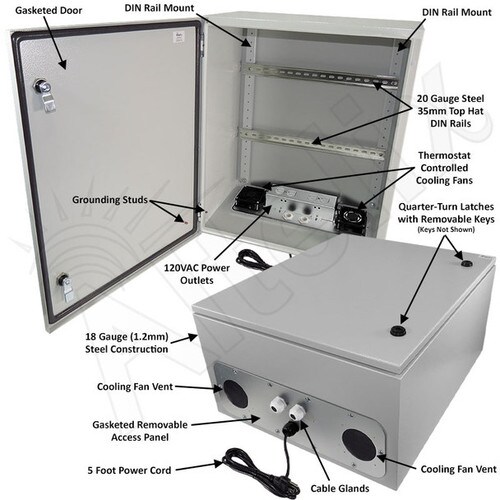 Altelix 24x20x12 Industrial DIN Rail Steel Weatherproof NEMA Enclosure with Dual Cooling Fans 120 VAC Outlets and Power Cord