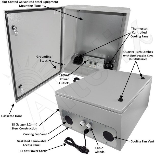 Altelix 24x20x12 Steel Weatherproof NEMA Enclosure with Dual Cooling Fans 120 VAC Outlets and Power Cord