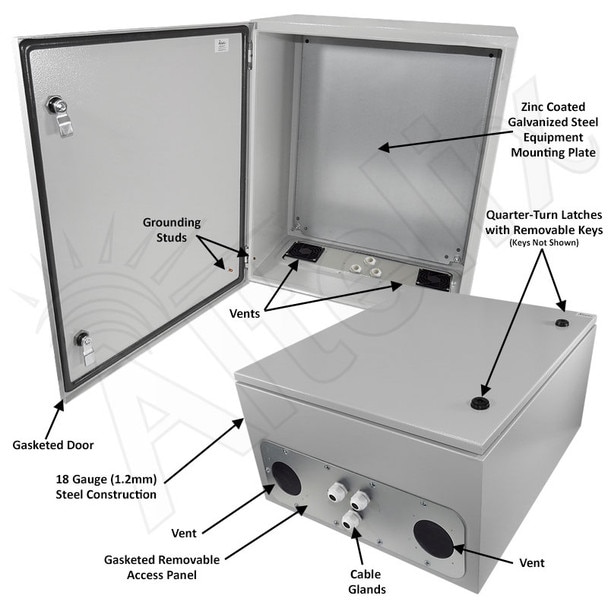 Altelix 24x20x12 Vented Steel Weatherproof NEMA Enclosure with Steel Equipment Mounting Plate