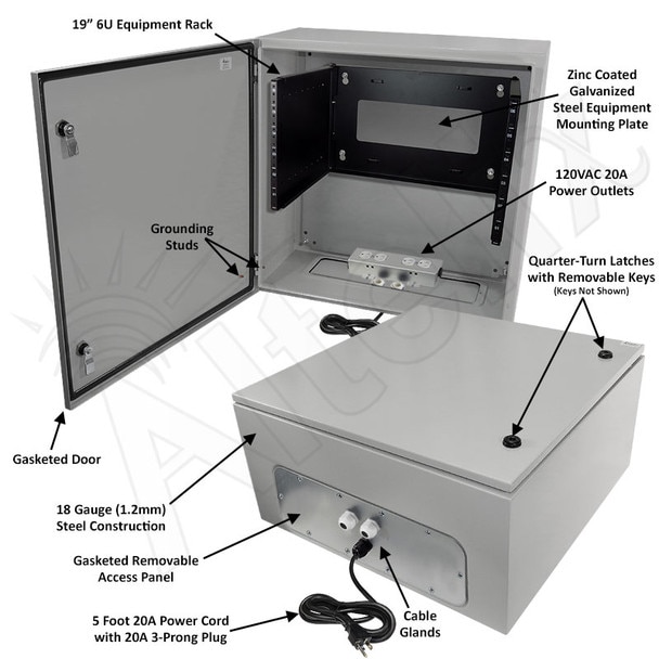 Altelix 24x24x12 120VAC 20A Steel NEMA 4X Enclosure for UPS Power Systems with 19-Inch Wide 6U Rack 20A Power Outlets and Power Cord