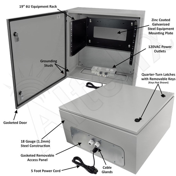 Altelix 24x24x12 19-Inch Wide 6U Rack NEMA 4X Steel Weatherproof Enclosure with 120 VAC Outlets and Power Cord