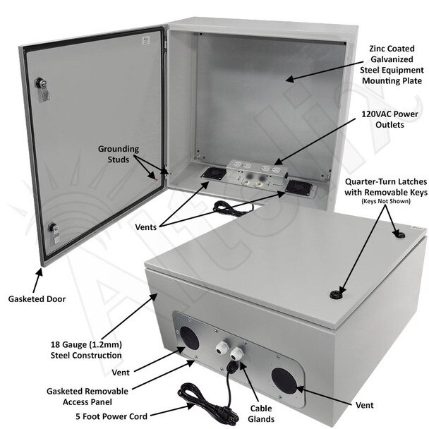 Altelix 24x24x12 Vented Steel Weatherproof NEMA Enclosure with 120 VAC Outlets and Power Cord