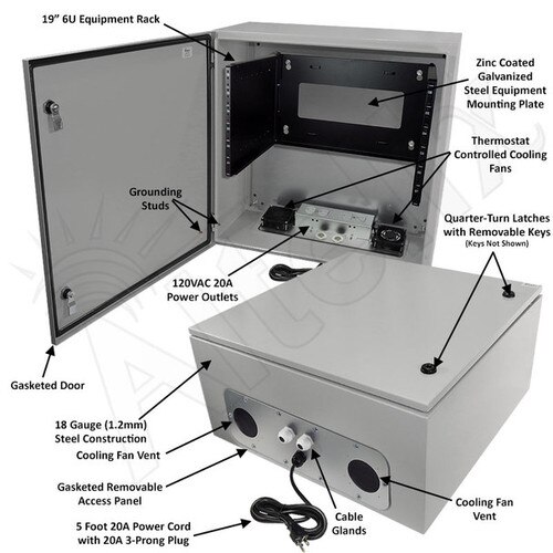 Altelix 24x24x12 120VAC 20A Steel NEMA Enclosure for UPS Power Systems with 19-Inch Wide 6U Rack Dual Cooling Fans 20A Power Outlets Power Cord