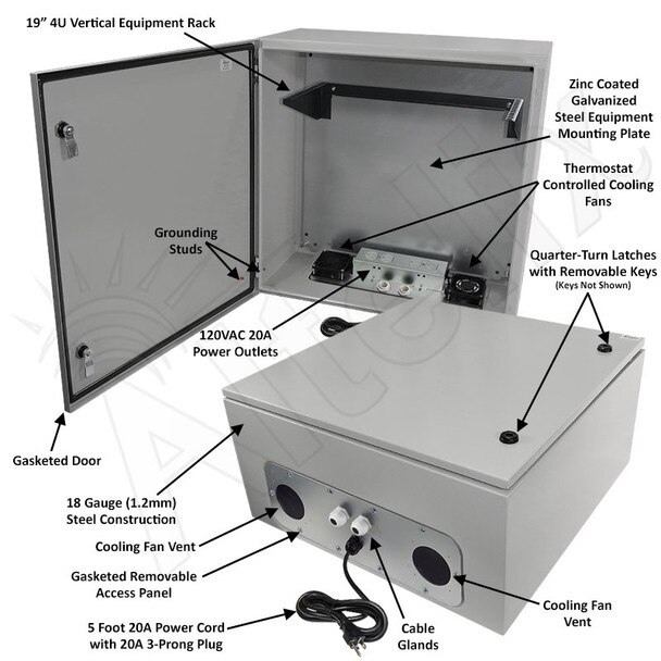 Altelix 24x24x12 120VAC 20A Steel NEMA Enclosure for UPS Power Systems with 19-Inch Wide 4U Vertical Rack Dual Cooling Fans 20A Power Outlets Power Cord