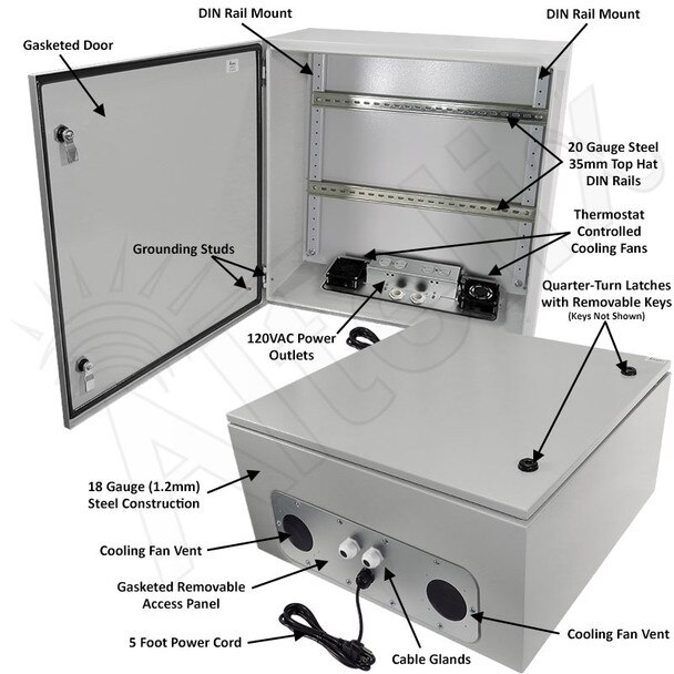 Altelix 24x24x12 Industrial DIN Rail Steel Weatherproof NEMA Enclosure with Dual Cooling Fans 120 VAC Outlets and Power Cord