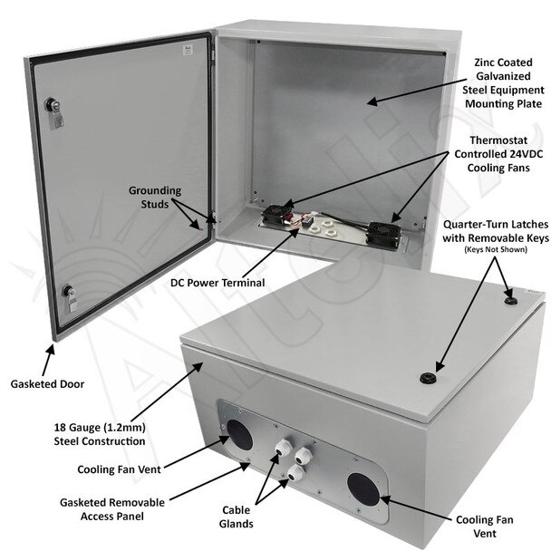 Altelix 24x24x12 Steel Weatherproof NEMA Enclosure with Dual 24 VDC Cooling Fans
