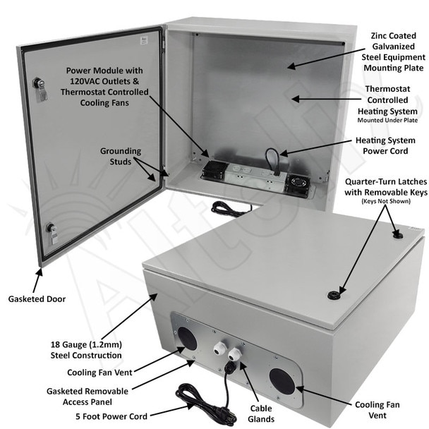 Altelix 24x24x12 Steel Heated Weatherproof NEMA Enclosure with Dual Cooling Fans 400W Heater 120 VAC Outlets and Power Cord