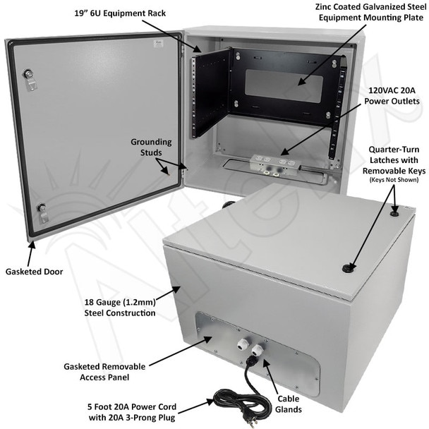 Altelix 24x24x16 120VAC 20A Steel NEMA 4X Enclosure for UPS Power Systems with 19-Inch Wide 6U Rack 20A Power Outlets and Power Cord