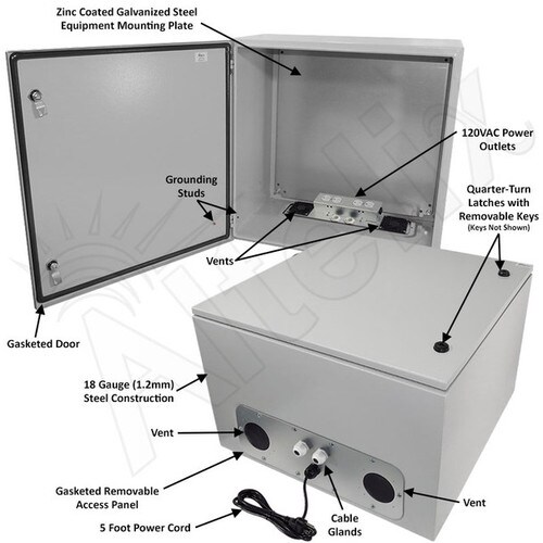 Altelix 24x24x16 Vented Steel Weatherproof NEMA Enclosure with 120 VAC Outlets and Power Cord