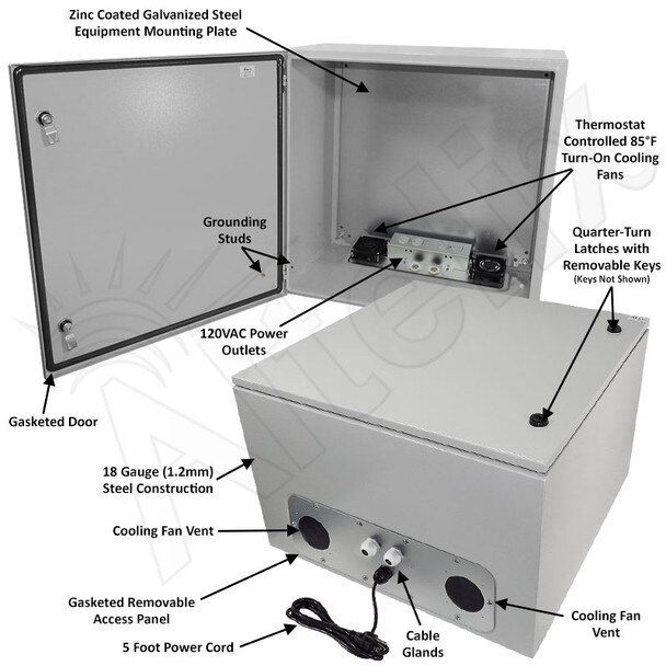 Altelix 24x24x16 Steel Weatherproof NEMA Enclosure with 120 VAC Outlets Power Cord 85F Turn-On Cooling Fans