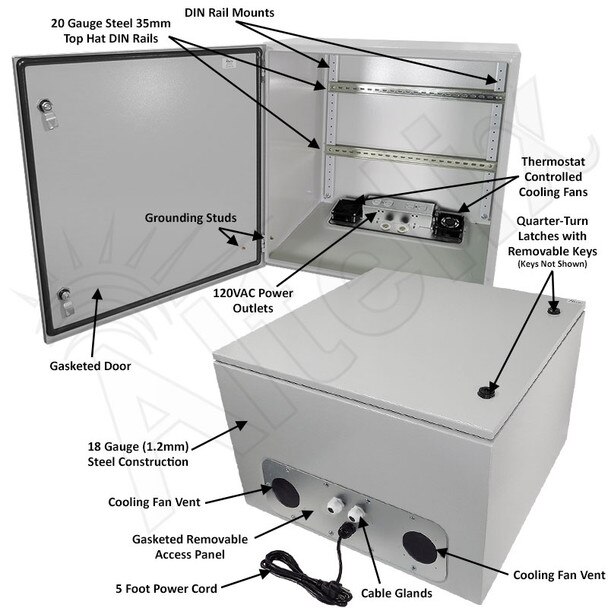 Altelix 24x24x16 Industrial DIN Rail Steel Weatherproof NEMA Enclosure with Dual Cooling Fans 120 VAC Outlets and Power Cord