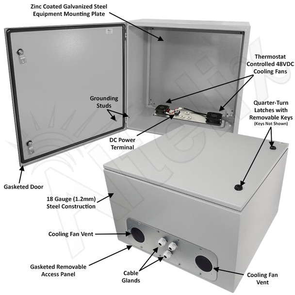 Altelix 24x24x16 Steel Weatherproof NEMA Enclosure with Dual 48 VDC Cooling Fans