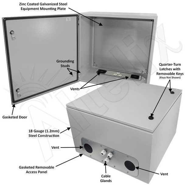Altelix 24x24x16 Vented Steel Weatherproof NEMA Enclosure with Steel Equipment Mounting Plate