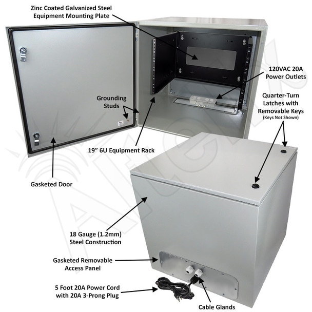 Altelix 24x24x24 120VAC 20A Steel NEMA 4X Enclosure for UPS Power Systems with 19-Inch Wide 6U Rack 20A Power Outlets and Power Cord