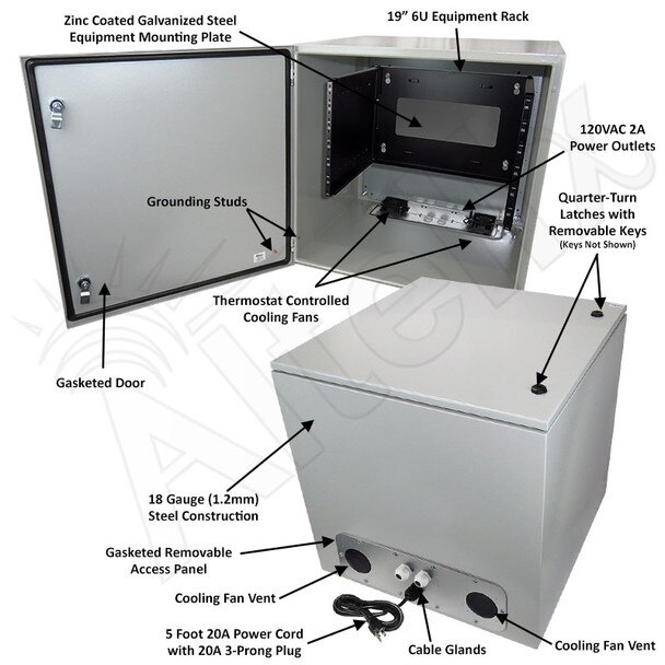 Altelix 24x24x24 120VAC 20A Steel NEMA Enclosure for UPS Power Systems with 19-Inch Wide 6U Rack Dual Cooling Fans 20A Power Outlets Power Cord
