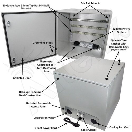 Altelix 24x24x24 Industrial DIN Rail Steel Weatherproof NEMA Enclosure with 120 VAC Outlets Power Cord 85F Turn-On Cooling Fans