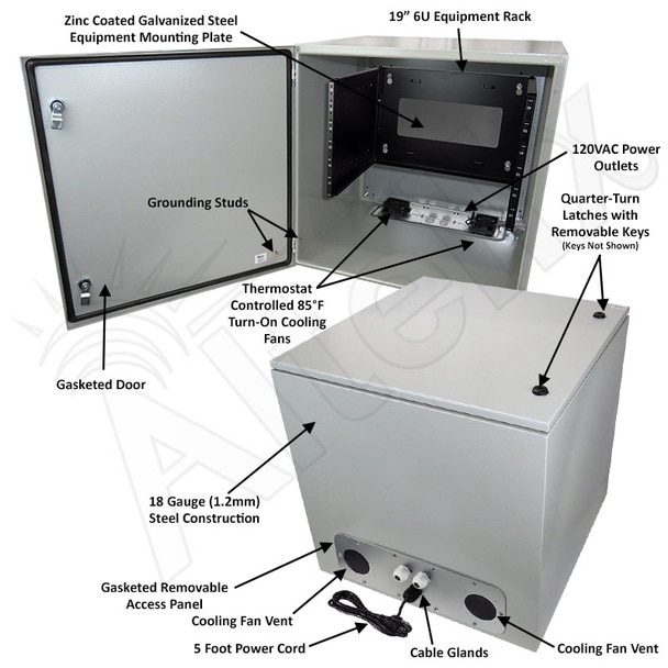 Altelix 24x24x24 19-Inch Wide 6U Rack Steel Weatherproof NEMA Enclosure with 120 VAC Outlets Power Cord 85F Turn-On Cooling Fans