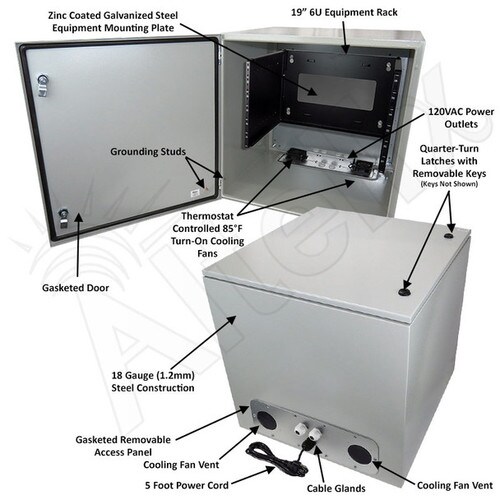 Altelix 24x24x24 19-Inch Wide 6U Rack Steel Weatherproof NEMA Enclosure with 120 VAC Outlets Power Cord 85F Turn-On Cooling Fans