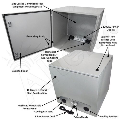 Altelix 24x24x24 Steel Weatherproof NEMA Enclosure with 120 VAC Outlets Power Cord 85F Turn-On Cooling Fans