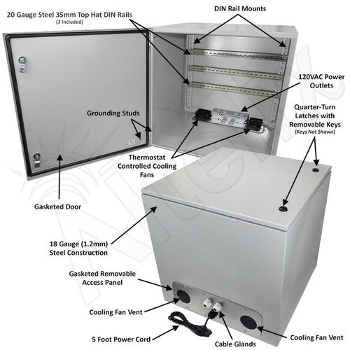 Altelix 24x24x24 Industrial DIN Rail Steel Weatherproof NEMA Enclosure with Dual Cooling Fans 120 VAC Outlets and Power Cord