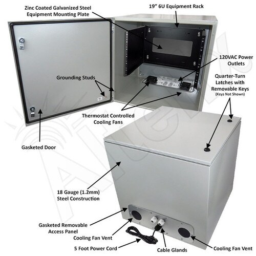 Altelix 24x24x24 19-Inch Wide 6U Rack Steel Weatherproof NEMA Enclosure with Dual Cooling Fans 120 VAC Outlets and Power Cord