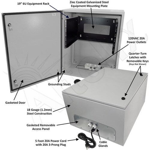 Altelix 28x24x16 120VAC 20A Steel NEMA 4X Enclosure for UPS Power Systems with 19-Inch Wide 6U Rack 20A Power Outlets Power Cord