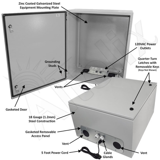 Altelix 28x24x16 Vented Steel Weatherproof NEMA Enclosure with 120 VAC Outlets and Power Cord