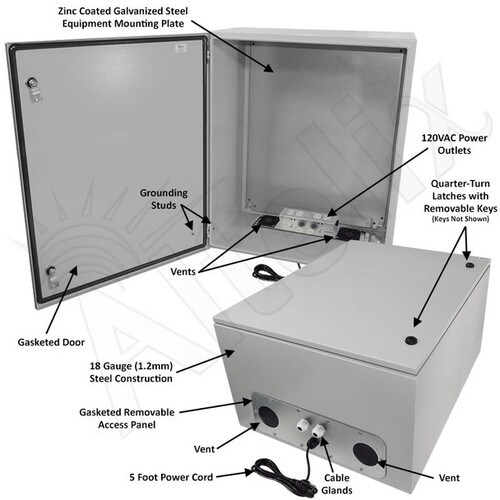 Altelix 28x24x16 Vented Steel Weatherproof NEMA Enclosure with 120 VAC Outlets and Power Cord