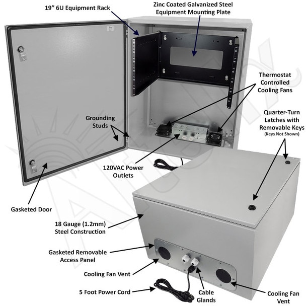 Altelix 28x24x16 19-Inch Wide 6U Rack Steel Weatherproof NEMA Enclosure with Dual Cooling Fans 120 VAC Outlets and Power Cord