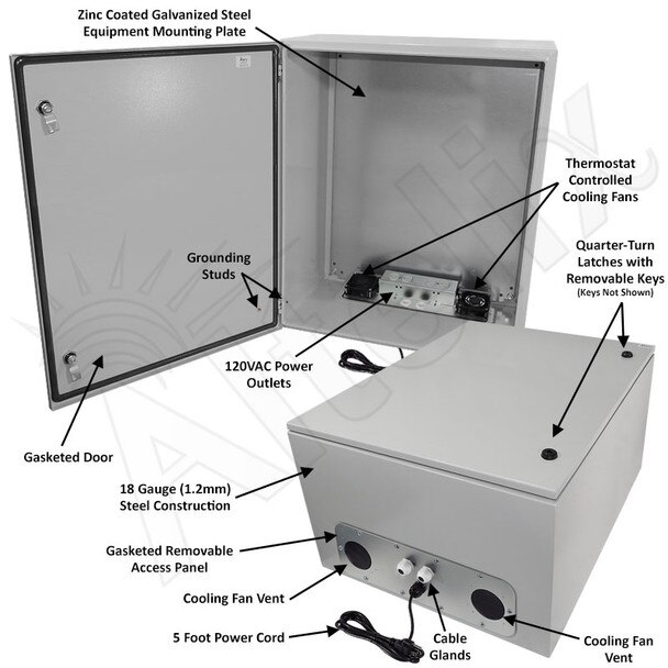 Altelix 28x24x16 Steel Weatherproof NEMA Enclosure with Dual Cooling Fans 120 VAC Outlets and Power Cord